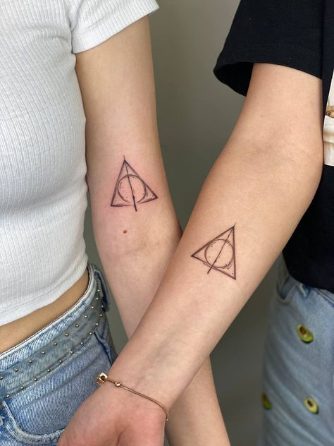 Maching Tattoos Harry Potter, Matching Deathly Hallows Tattoo, The Deathly Hallows Symbol, Small Matching Harry Potter Tattoos, Deathly Hallows Symbol Tattoo, The Deathly Hallows Tattoo, Deadly Hallows Tattoo, Harry Potter Tattoos Deathly Hallows, Harry Potter Best Friend Tattoos