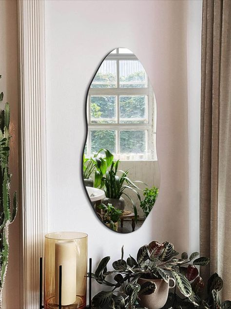 This irregular wall mirror with unique shape can decorate your hallway, living room, bedroom. which can bring a distinctive artistic atmosphere to your space ✨ Assymetrical Mirror Bedroom, Irregular Mirror Entryway, Frameless Mirror Ideas, Mirrors For Vanity, Inspection Mirrors, Bicycle Mirrors, Wall Entryway, Large Floor Mirror, Motor Vehicle Mirrors