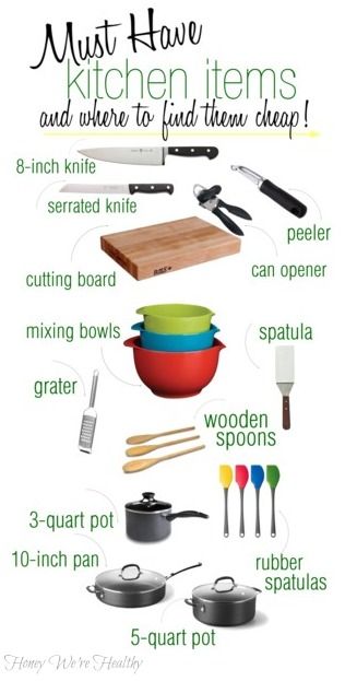 Over the years, I have definitely found my “must have” kitchen items that I use over and over and that are essential to preparing healthy meals.  If you’re going to go to the effort to cook meals at home, having these tools on hand will get you through most recipes.  And, you don’t have to spend a fortune on these things.  I sourced all of these products through Amazon (which has great prices on quality products), and I know that many people use the site because it’s such a big time-saver and... Must Have Kitchen Items, College Apartments, Apartment Hacks, Apartment Checklist, College House, Apartment Goals, Apartment Decoration, 1st Apartment, Kitchen Must Haves