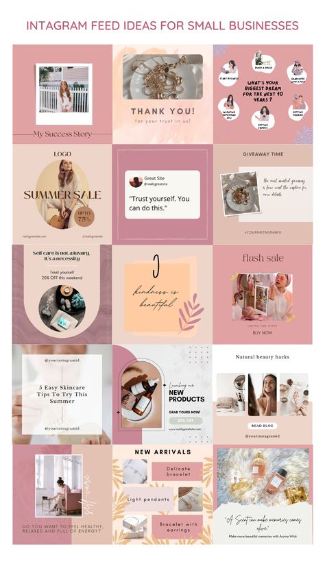 Neutral pink instagram feed design layout template.Contains instagram post ideas for small businesses.Contains images of jewellery,perfumes,skincare products and other graphics and image designs. Skincare Business Instagram Feed, Online Store Instagram Feed, Insta Theme Ideas For Business, Small Business Instagram Feed Ideas, Color Palette Instagram Post, Canva Design Ideas Instagram Post, Them Instagram Post, Theme For Instagram Posts, Aesthetic Small Business Instagram Feed