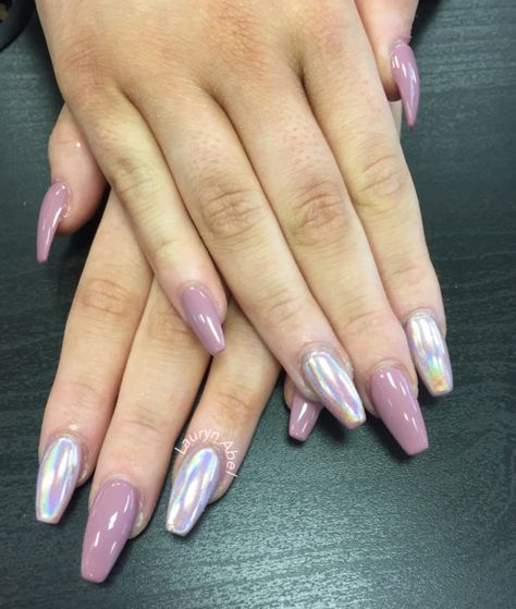 Coffin/ballerina shaped acrylic nails with gelish colour and holochrome design 🌼 Ballerina Shaped Acrylic Nails, New Nails Design, Nail Decals Designs, Ideas For Nails, Gold Nail Polish, Star Nail Art, New Nail Designs, New Nails, Coffin Shape