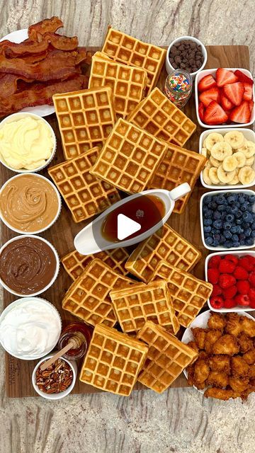 Maegan Brown ~ The BakerMama on Instagram: "Waffles, anyone? 😋🧇 A Waffle Board with all the toppings to choose from is a fabulous and fun way to start the day with family or friends! Comment “breakfast” and I’ll send you all the details to build the board, including my favorite crispy waffles recipe! 🙌   Some of my faves to include: 🥓 Warm items: Waffles, Baked Bacon and Chicken Nuggets (PRO TIP! Keep the warm foods warming in a 200°F oven while you put the other foods on the board first, leaving spaces for the warm foods. Add them last, right before serving) 🧈 Spreads: Butter, Peanut Butter, Nutella and Whipped Cream 🍓 Fruit: Raspberries, Blueberries, Bananas and Strawberries 🍯 Drizzles: Maple Syrup and Honey 🍫 Crunchies: Pecans, Chocolate Chips and Sprinkles  https://thebakermama Nutella Waffles Recipe, Waffle Board, Nutella Waffles, Crispy Waffles, Fruit And Chocolate, Peanut Butter Nutella, Savory Waffles, Crispy Waffle, Waffle Bar