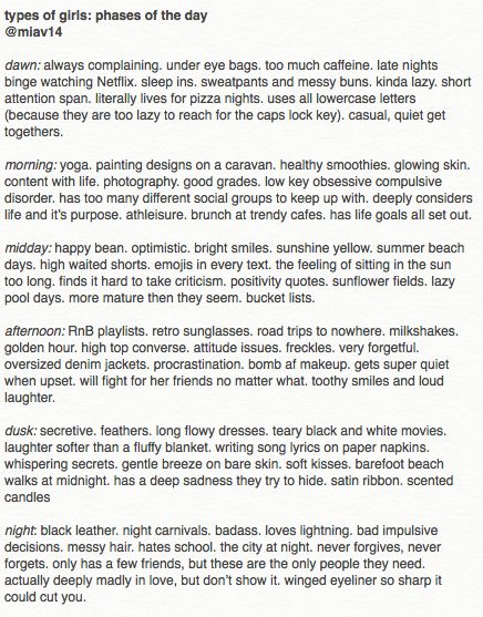 Dawn. Different Types Of People Aesthetic, Types Of Girls Personality, Types Of People Tumblr, Types Of Duos, Types Of Girls Aesthetic, Types Of People Aesthetic, Types Of Aesthetics List, Writing Types, Tag Urself