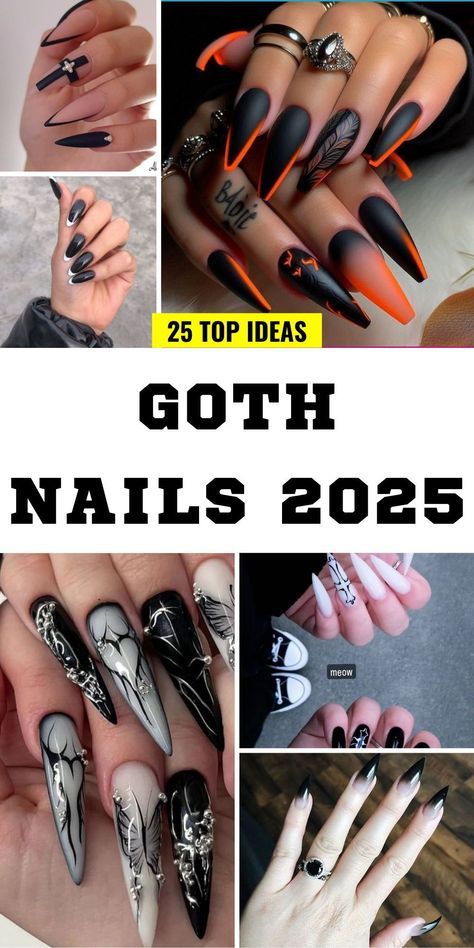 Almond Nails Goth Designs, Edgy Square Nails, Goth Vacation Nails, Throne Of Glass Nail Art, Medium Stilleto Nail Design, Black And Red Nail Designs Acrylics, Goth Chrome Nails, Dark Femme Nails, Gothic Acrylic Nail Designs