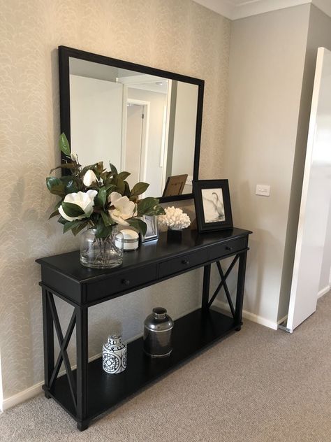 Black Entrance Table Decor, Black Entryway Table Decor With Mirror, Black Entrance Table, Black Entry Way Table Decor Ideas, Black Foyer Table, Black Entryway Table Decor, Front Entrance Table Decor, Hall Table Decor, Unique Decoration Ideas