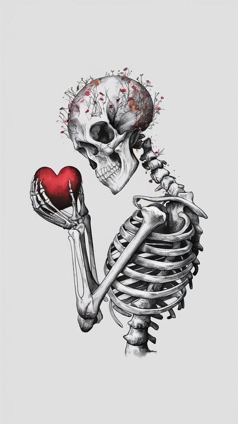 Heart And Mind Drawing, Skeleton Hand Poses Holding, Skeleton In Love, Soul Coming Out Of Body Art, Skeleton With Heart, Skeleton Love, Chicano Lettering, Meaningful Drawings, Skulls Drawing