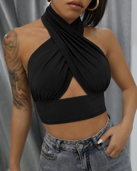 db957c626a8cd7a27231adfbf51e20ebdesc48741968ri Criss Cross Halter Top, Summer Knit Tops, Halter Neck Crop Top, Womens Halter Tops, Wrap Crop Tops, Top Halter, Backless Top, Halter Tops, Cropped Tops