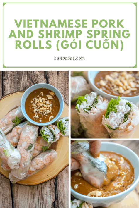 This traditional Vietnamese spring roll (gỏi cuốn) recipe is fresh, healthy and full of herbs and veggies. They're irresistible paired with the creamy peanut sauce! Pork Spring Rolls Vietnamese, Shrimp And Pork Spring Rolls, Pork Belly Spring Rolls, Fresh Spring Rolls With Peanut Sauce, Pork Summer Rolls, Spring Rolls Pork, Spring Rolls Sauce, Shrimp Spring Roll Recipe, Summer Rolls With Peanut Sauce