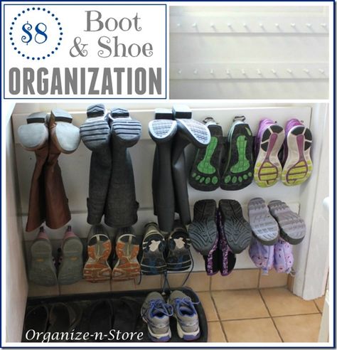 How to Organize Boots and Shoes with Easy Peg Boards Easy Shoe Storage, Welly Rack, Entry Organization, Thread Rack, Sawdust Girl, Shoe Organization, Boot Organization, Shaker Pegs, Casa Clean