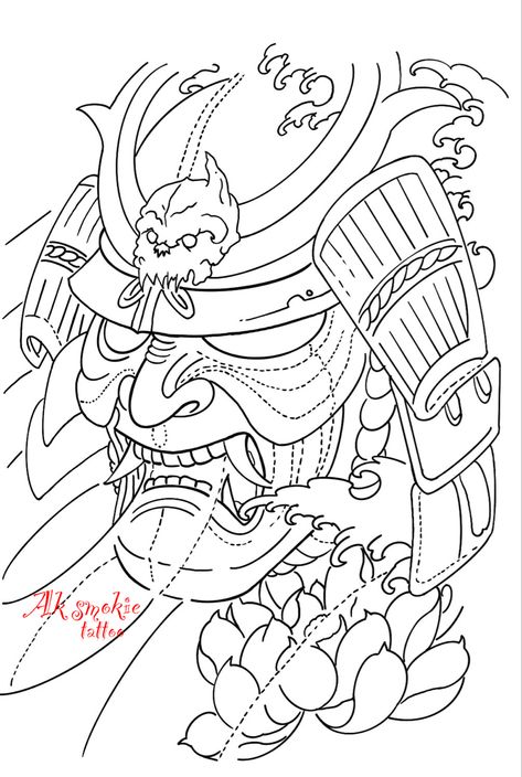 Japanese tattoo Samurai Tattoo Stencil, Dragon Tattoo Shoulder, Japanese Warrior Tattoo, Foo Dog Tattoo Design, Fake Skin Tattoo, Biomechanical Tattoo Design, Samurai Warrior Tattoo, Full Hand Tattoo, Skull Art Tattoo