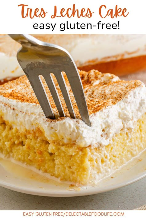 Slice of GF Tres leches cake Tres Leches Gluten Free, Moist Gluten Free Cake, Keto 3 Leches Cake, Tres Leches Cake Gluten Free, Gluten Free Mexican Dessert, Gluten Free Tres Leches Cake Recipe, Gf Tres Leches Cake, Keto Tres Leches Cake Recipe, Keto Tres Leches Cake