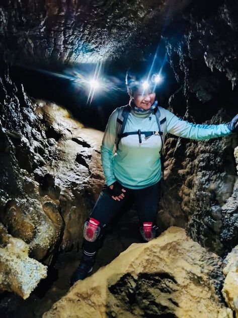 A woman wearing cave gear, explores Tumbling Rock Cave Spelunking Gear, Caving Gear, Exploring Outfit, Cave Exploring, Caving, Adventure Gear, New Hobbies, Explore The World, Ready To Go