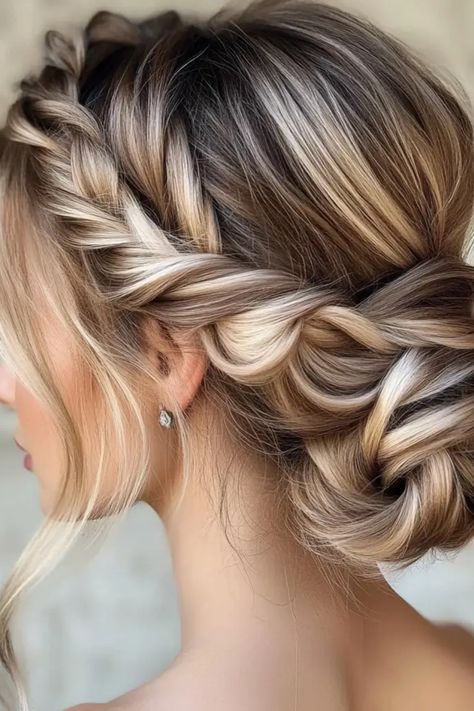 Braided updo hairstyle with blonde highlights. Updos For Bridesmaids With Braids, Upstyle Bridesmaid Hair, Hair Up Bridesmaid Styles, Boho Style Hairstyles, Formal Hairstyles Updo Elegant, Bridal Updo Ponytail, Loose Bun Bridal Hair, Gala Updo Long Hair, Wedding Day Updo