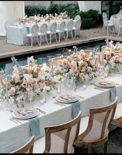 Dusty Blue And Pink Table Setting, Pink And Blue Flower Centerpieces, Brigerton Decoration Wedding, Dusky Blue Wedding Table, Blue And Pink Wedding Table Settings, Blue And Pink Bridal Shower Ideas, Pink And Blue Beach Wedding, Pink And Blue Tablescapes, French Wedding Table Setting