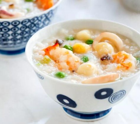 Congee Recipe Easy, Shrimp Congee Recipe, Seafood Congee Recipe, Veggie Congee, Shrimp Congee, Congee Recipe Chinese, Seafood Congee, Easy Congee, Seafood Porridge