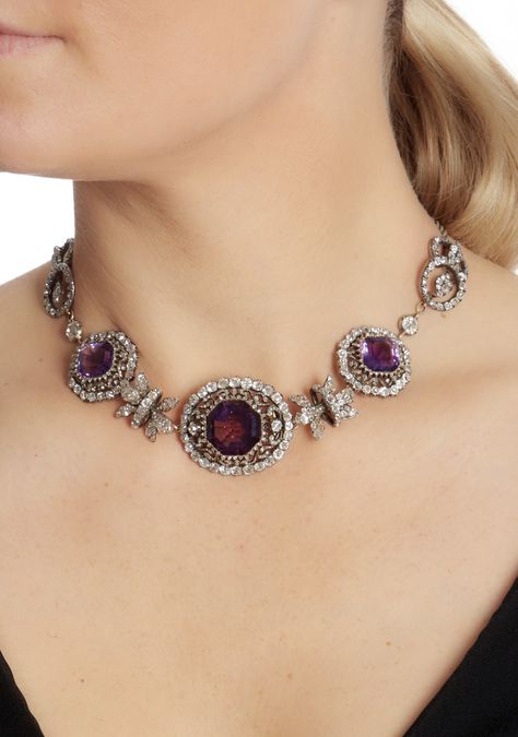 An antique amethyst and diamond necklace, early 19th century. Luxury Classic Amethyst Necklaces, Luxury Amethyst Necklace With Jewels, 18th Century Necklace, Luxury Amethyst Jewel Necklace, Antic Jewellery, Antique Diamond Necklace, Luxury Victorian Amethyst Necklace, Ornate Amethyst Pendant Necklace, Haute Jewelry