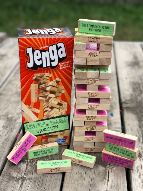 Jenga Game Truth Or Dare, Birthday Jenga Game, Painted Jenga Blocks Game, Jenga Game Ideas For Kids, Jenga Truth Or Dare Ideas, Jenga Dares, Couples Jenga, Jenga Truth Or Dare, Dare Jenga