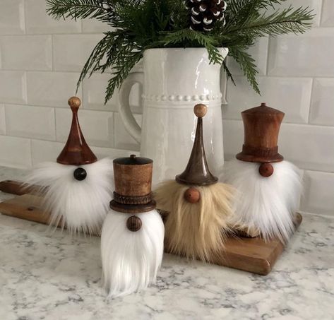 ZZ Top influenced wood turned gnomes of oak, cherry, mahogany. Gnome Hats, Acrylic Sculpture, Lathe Projects, Christmas Wood Crafts, Wood Turning Projects, Christmas Inspo, Wood Christmas Ornaments, Wooden Projects, Wood Lathe