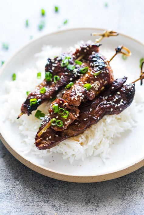 Beef Yakitori, a flavorful strip of beef cooked quickly for maximum flavor Beef Yakitori, Yakitori Recipe, Japanese Beef, Beef Marinade, Beef Skewers, Beef Strips, Potted Beef, Cray Cray, Beef Sirloin