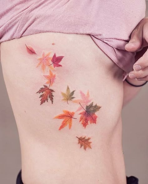 Tiny Leaves Tattoo, Fall Leaves Tattoo Autumn, Autumn Sleeve Tattoo, Fall Tattoos For Women, Leave Tattoo Ideas, Autumnal Tattoo, Fall Flower Tattoo, Leg Tattoos Color, Falling Leaves Tattoo