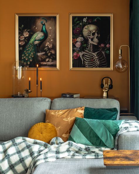 Ochre Walls Bedroom, Golden Yellow Living Room Walls, Muted Orange Living Room, Green And Yellow Apartment Aesthetic, Yellow And Dark Green Bedroom, Mustard Living Room Walls, Ocre Wall, Mustard Walls Living Room, Ochre Living Room