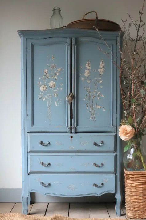 Blue Armoire, Repurposed Armoire, Painted Furniture Ideas, Armoire Makeover, Antique Wardrobe, French Country Design, Wardrobe Armoire, Vintage Wardrobe, Color Complement