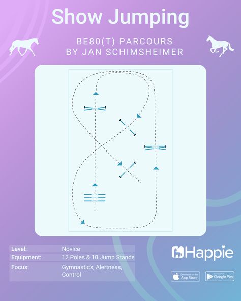 Still green in show jumping but really want to gain some experience? Then this course is perfect for you! 🏇

The poles at the start are on the trot. The height of the obstacles is approx. 85cm.
 
You can find these and 320+ more exercises in the Happie Horse App! Link in Bio!📱💙
.
.

#polework #parcours #course #horseriderinspo #equestrianlife #equestrian #equine #horseriding #horselover #horselife #horses #showjumping #pony #horselove #horseapp  #horserider #horse Show Jumping Course Ideas, Showjumping Exercises, Equestrian Jumping Exercises, How To Teach A Horse To Jump, Show Jumping Course Design, Showjumping Courses Plan, Jump Exercises Horse, Show Jumping Course, Showjumping Course