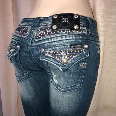 Miss Me Blue Jean With Gold/Silver Rhinestone And Sequins In A Boot Cut Style. Inseam 34 2000s Pants Jeans, Flared Jeans Rhinestone, Low Rise Bedazzled Jeans, Cool Jeans Aesthetic, Cute Fits Jeans, Y2k Miss Me Jeans, Miss Me Jeans Low Rise, Miss Me Bootcut Jeans, Miss Me Flare Jeans