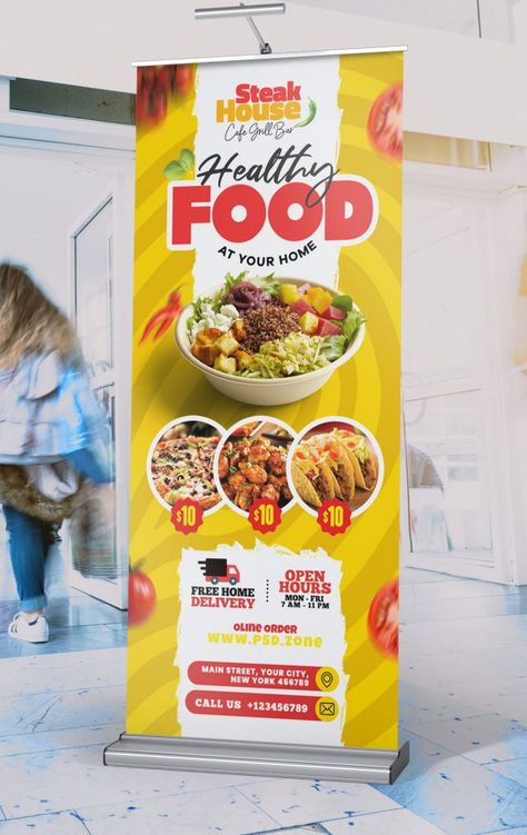 Restaurant Roll Up Banner Design, Banner Design Restaurant, Restaurant Banner Outdoor, Food Standee Design Creative, Trending Poster Design, Roll Up Banner Design Ideas, Rollup Banner Design Creative, Food Banner Design Restaurant, Banner Illustration Design