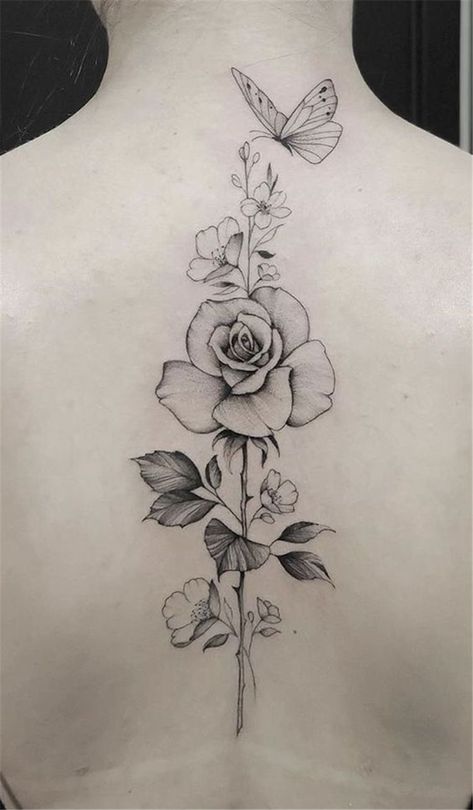 Rose And Butterfly Tattoo, Spinal Tattoo, Floral Back Tattoos, Flower Spine Tattoos, Tato Minimal, Rose Tattoos For Women, Tattoos For Women Flowers, Spine Tattoos For Women, Floral Tattoo Design