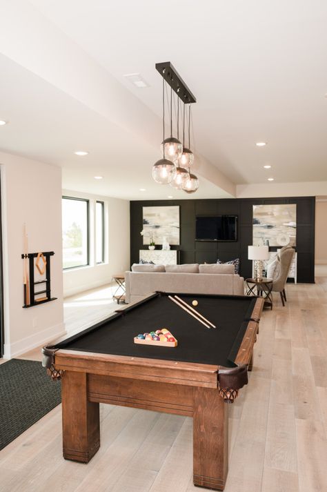 Game Rooms With Pool Tables, Pool Table With Dining Top, Modern Coastal Basement, Basement Ideas With Pool Table, Pool Table Basement Ideas, Basement Games Room Ideas, Modern Farmhouse Game Room, Basement Decorating Ideas Cozy Living, Pool Table Basement