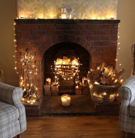 Indoor Fairy Lights, Fireplace Lighting, Fireplace Logs, Window Sill, Fairy Lights, Interior Spaces, Home Lighting, Creative Ideas, Fireplace