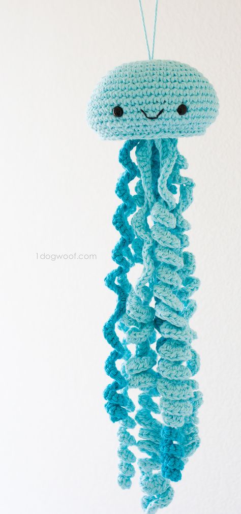 Cute crochet jellyfish, FREE pattern | www.1dogwoof.com Crochet Jellyfish Free Pattern, Crochet Jellyfish, Crocheted Jellyfish, Crochet Dresses, Jelly Fish, Christmas Things, Coastal Christmas, Crochet Diy, Yarn Projects