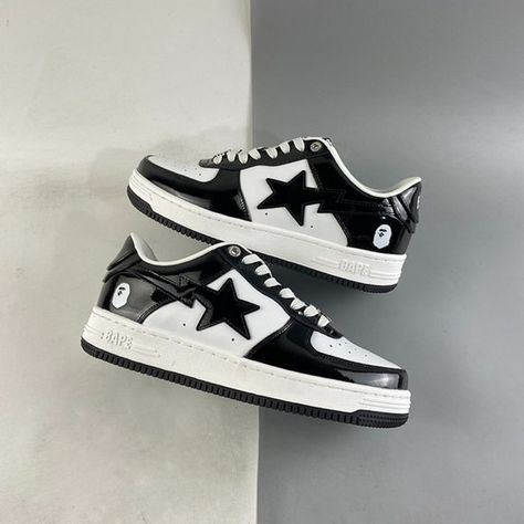 Bape Sta Low Black and White Patent Leather Bape Black And White, Bape Shoes, Bape Black, Bape Sta, Patent Leather, Black And White, Plus Fashion, Fashion Trends, Leather