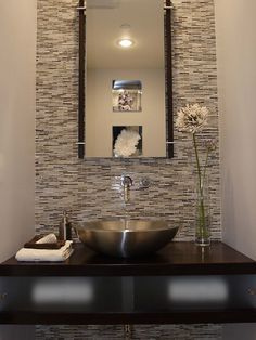 Guest bath - Room Design with Wood Walls | Powder Room Design, Bathroom Wall Tile, Vessel Sink, Wood Vanity Vessel Sink Ideas, Stained Alder Wood, Modern Powder Rooms, Half Bath Remodel, Half Bathroom Remodel, Design Hacks, Powder Room Decor, Powder Room Design, Trendy Bathroom