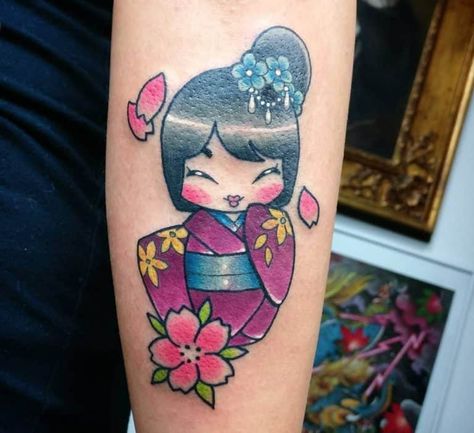 Kokeshi Doll Tattoos: Origins, Meanings & More Kokeshi Tattoo, Geisha Tattoos, Geisha Tattoo, Doll Tattoo, Asian Tattoos, Blossom Tattoo, Cherry Blossom Tattoo, Japan Tattoo, Hee Hee