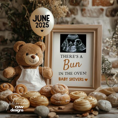 Bun in the Oven Pregnancy Announcement, Digital Teddy Bear Baking Gender Neutral Social Media Baby Reveal, Editable Template - Etsy How To Announce Pregnancy, Bun In The Oven Announcement, Were Expecting Announcements, Bear Baking, Christmas Baby Reveal, Expecting Announcement, Baby Surprise Announcement, Digital Baby Announcement, Fall Pregnancy Announcement