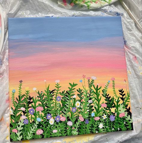 Plants Canvas Painting, Cottage Core Painting Ideas Easy, Cottage Core Painting Ideas On Canvas, Cottagecore Canvas Painting Easy, Cute Stuff Acrylic Panintings With Flowers, Cottagecore Scenery Painting, Dog In Flower Field Painting, Cute Easy Paintings, Flower Painting Canvas