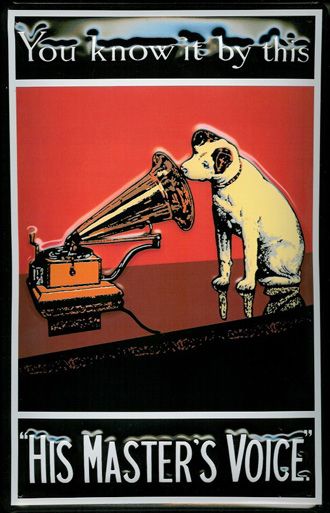 His master's voice Antique Trade Sign, His Masters Voice, Vintage Advertising Art, Music Machine, Old Garage, Old Signs, Record Players, Vintage Radio, Advertising Poster