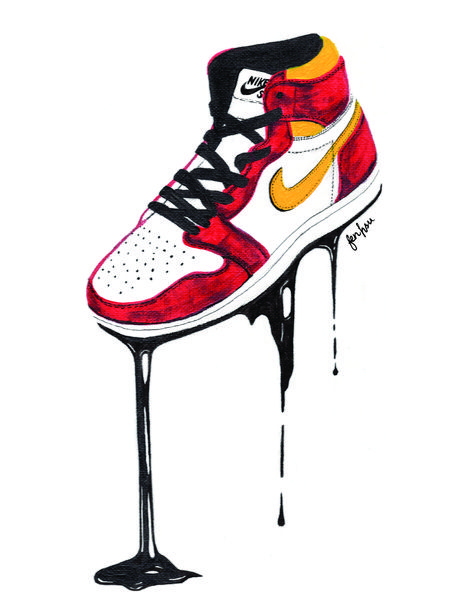 Original artwork by Fen Hsu. Sneaker illustration. Air Jordan Painting, Nike Shoes Illustration, Jordan 1 La To Chicago, Sneaker Drawings, Nick Shoes, Sneaker Illustration, Jordan Painting, Shoe Art Designs, Folio Ideas