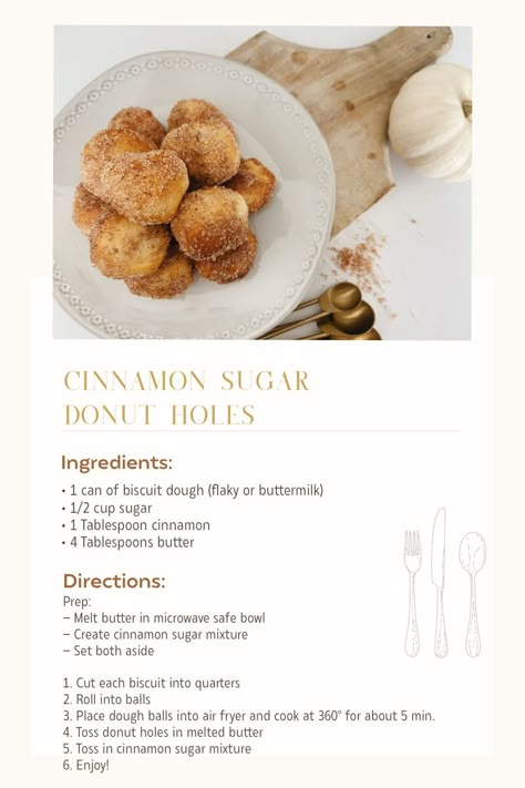 Refrigerated Biscuit Recipes, Air Fryer Donut Holes, Cinnamon Sugar Donut Holes, Christmas Morning Recipes, Donut Hole Recipe, Best Low Carb Snacks, Doughnut Recipe Easy, Homemade Cookbook, Air Fryer Oven Recipes