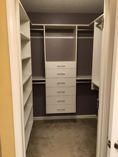 A narrow walk in closet in Dublin ohio | Innovate Home Org | #NarrowCloset #Smallcloset #organizationcloset #columbuscustomclosets Diy Closet System Small Walk In, Small Walkin Closet Ideas Layout, Small Walkin Closet, Custom Closet Shelving, Narrow Closet, Ikea Pax Closet, Custom Closet Organization, Painted Closet, Custom Closet Design