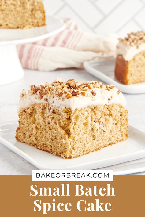 This small batch Spice Cake is full of warm, cozy spices and topped with a dreamy cinnamon frosting. There's a lot of big flavor in this little cake! (Make 4 to 6 servings.) 6 Inch Spice Cake Recipe, Spice Cake For Two, High Altitude Spice Cake Recipe, Small Spice Cake, Small Batch Spice Cake, Small Batch Coffee Cake, Small Cake Recipes, 6 Inch Cakes, 6” Cake