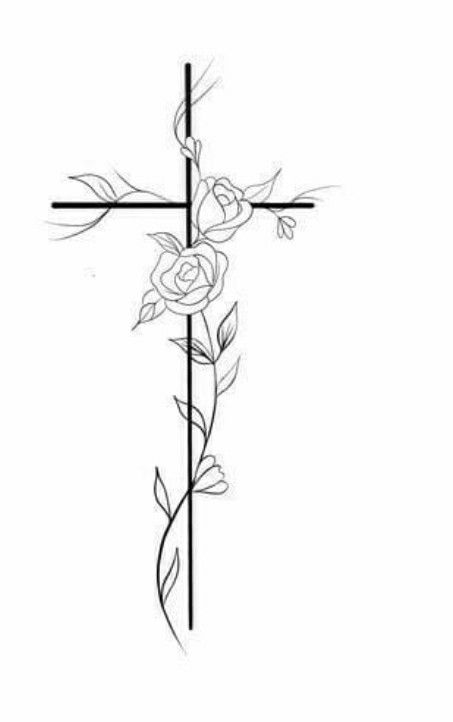 Cross With Rose Tattoo Design, Small Cross With Roses Tattoo, Cross Collar Bone Tattoo, Rose Cross Tattoo Design, Cross And Rose Tattoo For Women, Spine Cross Tattoos For Women, Cross With Roses Tattoo For Women, Forearm Cross Tattoos For Women, Cross With Vines Tattoo