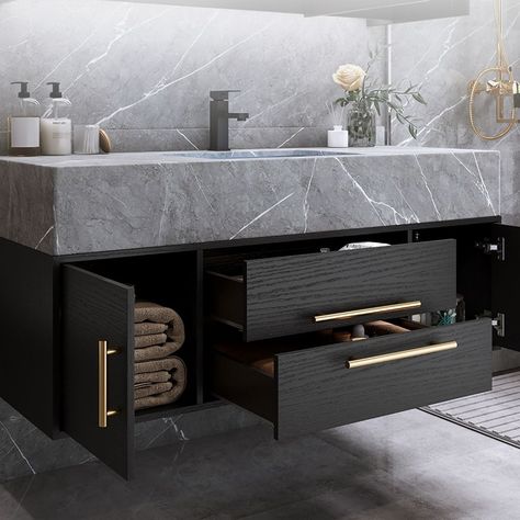 Black Vanity Bathroom, Wall Mounted Bathroom Cabinets, Bathroom Vanity Designs, Grey Bathroom Vanity, Floating Bathroom Vanity, Bad Inspiration, Black Vanity, Vanity Design, Floating Vanity