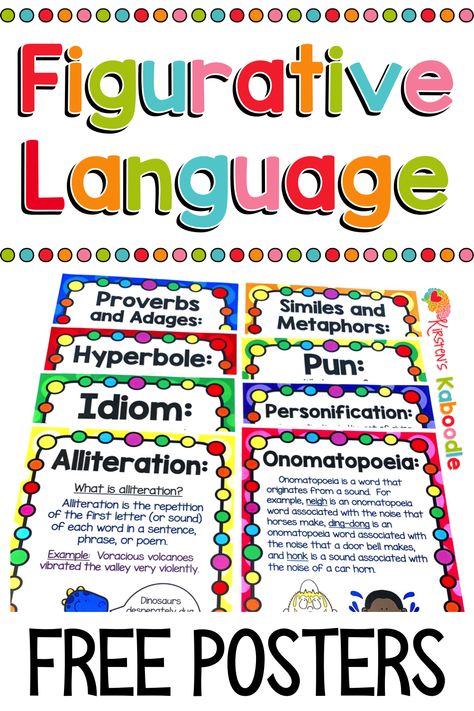 Teaching your students about figures of speech? These figurative language posters are free and include examples of proverbs, adages, hyperboles, idioms, alliteration, similes, metaphors, puns, personification, and onomatopoeia. They are perfect for your figurative language bulletin board, classroom activities, or as anchor charts. Get started teaching figures of speech with these colorful posters. Enter your name and email address to access these and many other resources. #figurativelanguage Anchor Chart Figurative Language, Figurative Language Posters Free, Idiom Anchor Chart, Similes And Metaphors Anchor Chart, Idioms Anchor Chart, Alliteration Anchor Chart, Hyperbole Activities, Figurative Speech, Alliteration Examples