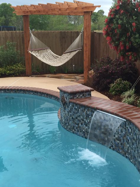 Hammock by a pool Hammock Pool Ideas, Hammock By The Pool, Poolside Hammock Ideas, Pool With Hammock, Hammock By Pool, Pool Hammock Ideas, Hammock Over Pool, Patio Hammock Ideas, Hammocks Backyard