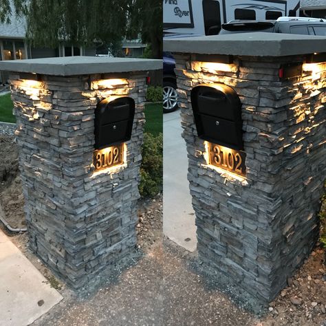 Mailbox column/post. Faux stone over cinderblock. Metal address plate (from Amazon), LED lighting (from Volt) Contemporary Mailboxes Brick, Stone Mailbox With Package Storage, Lighted Mailbox Ideas, Mailbox Solar Lighting Ideas, Mailbox Stone Ideas, Driveway Mailbox Ideas, Mailbox Ideas With Stone, Stone Mailbox With Light, Brick Mailbox With Light