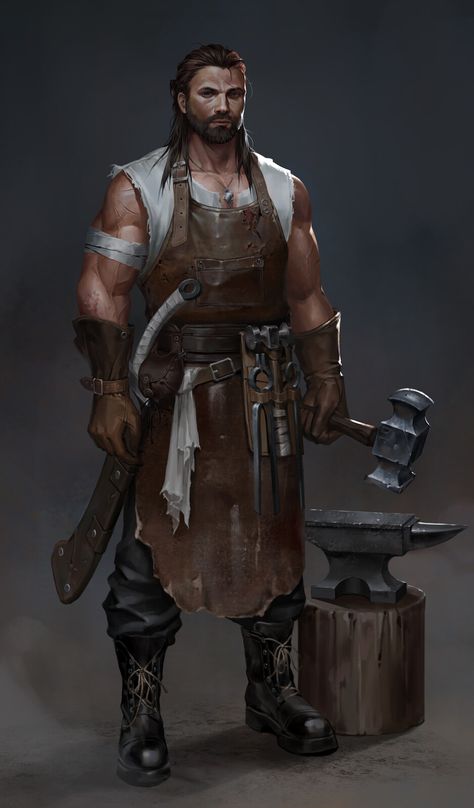 Blacksmith Art Character, Blacksmith Rpg, Fantasy Blacksmith Shop, Medieval Peasant Art, Blacksmith Concept Art, Anime Blacksmith, Blacksmith Drawing, Blacksmith Character Design, Dnd Blacksmith