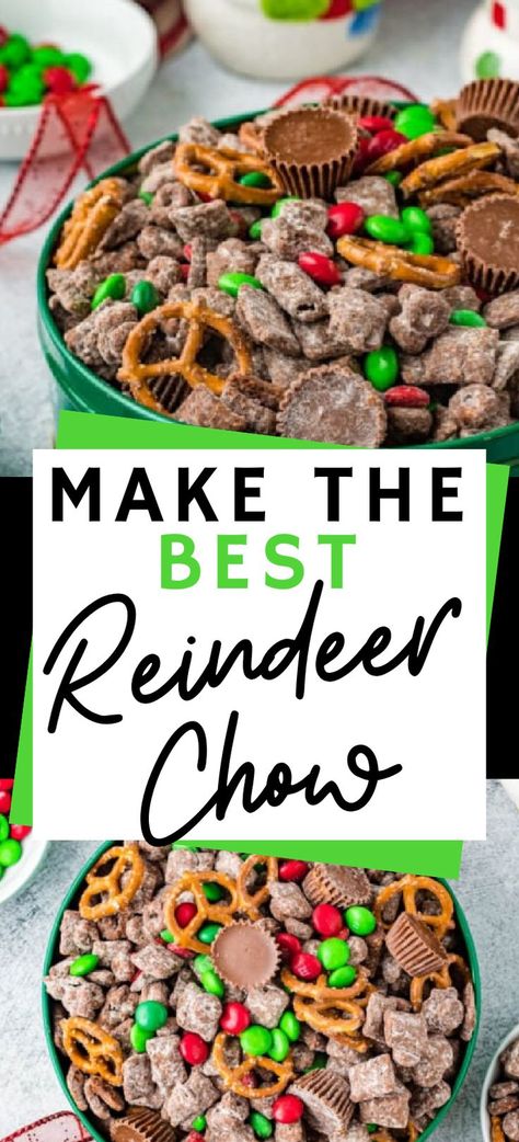 Collage of Christmas tin full of sweet and salty reindeer chow at top and bottom. Christmas Chex Mix Recipe, Holiday Puppy Chow, Chex Mix Recipes Christmas, Reindeer Chow Recipe, Christmas Chex Mix, Easter Snack Mix, Chex Mix Recipes Sweet, Best Christmas Food, Salty Pretzels